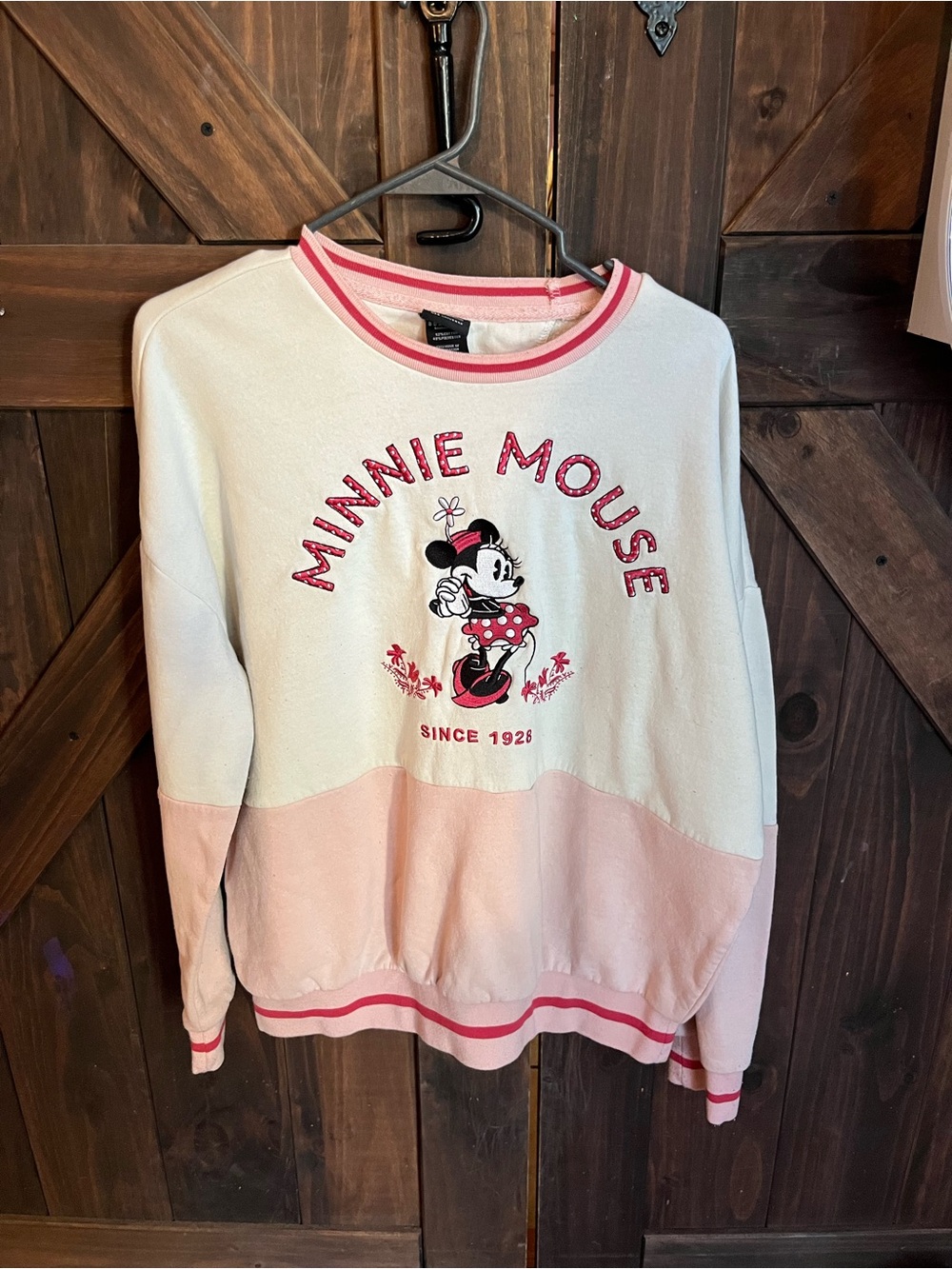 Disney Minnie Mouse White and Pink Colorblock Crewneck Sweatshirt